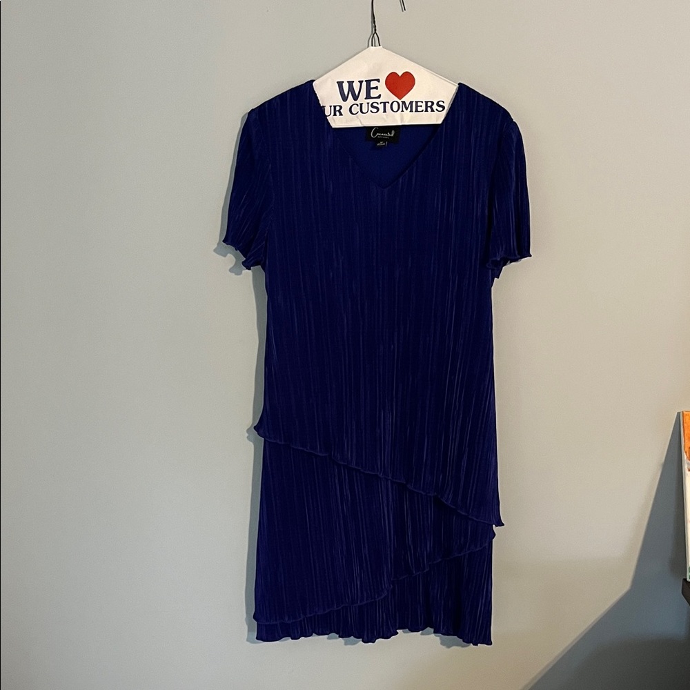 connected apparel Navy Blue Pleated V-Neck Short Sleeve Dress